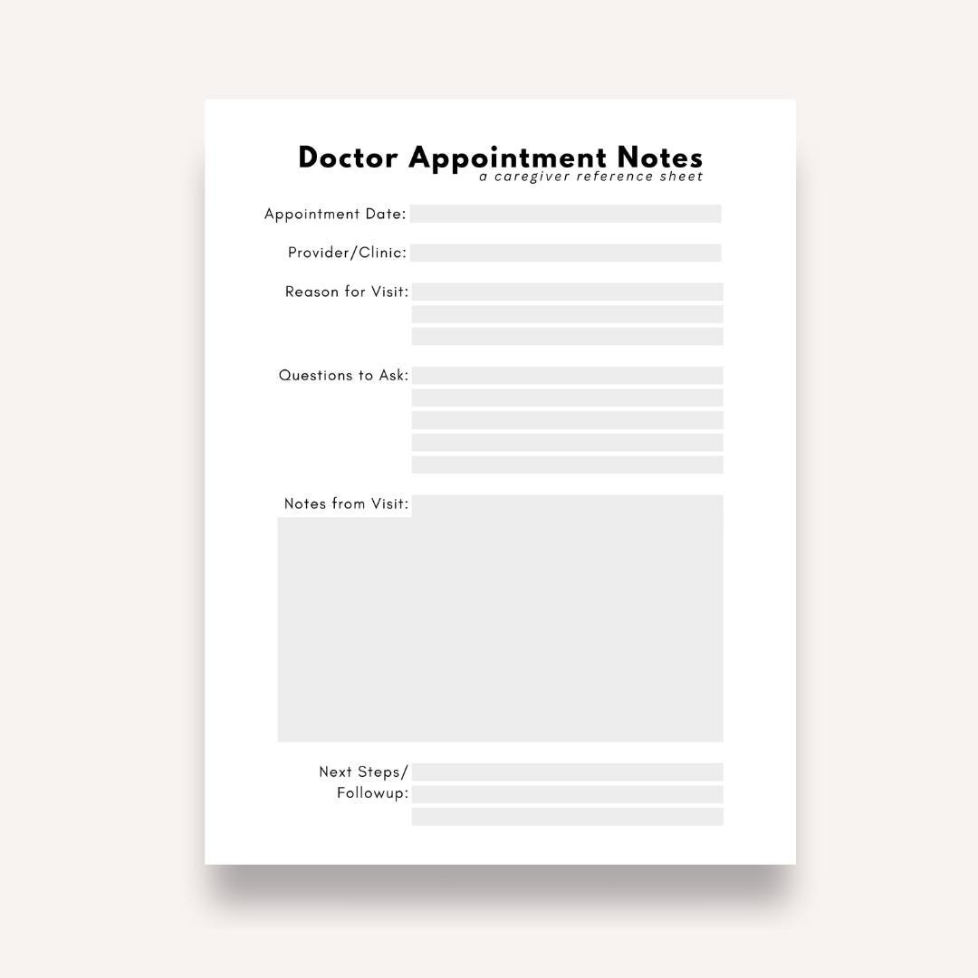 Doctor Appointment Notes Printable for Caregivers | Medical Visit Notes ...