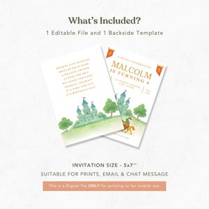 May include: Two invitation cards with a watercolor castle and knight design. One card has the text "Malcolm is turning 4" and the other has a poem. The invitation size is 5x7 inches.