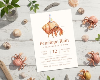 Invitación de cumpleaños con temática de cangrejo ermitaño, invitación para fiesta playera costera, plantilla imprimible editable con temática oceánica para cumpleaños de niños pequeños, descarga digital.