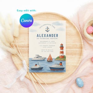 May include: Nautical-themed birthday invitation featuring a watercolor illustration of boats, a lighthouse, and the text "Alexander is turning seven!" The invitation includes details for the party, with the Canva logo in the upper left corner.