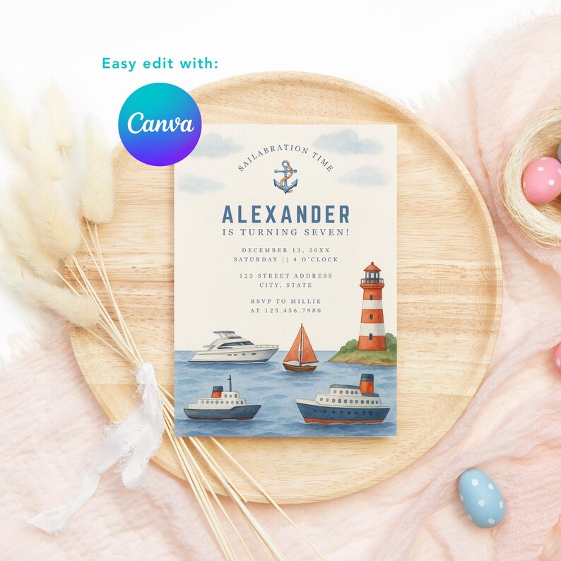 May include: Nautical-themed birthday invitation featuring a watercolor illustration of boats, a lighthouse, and the text "Alexander is turning seven!" The invitation includes details for the party, with the Canva logo in the upper left corner.