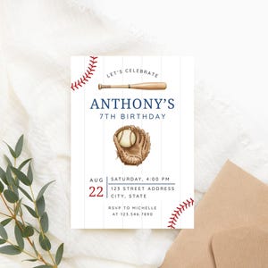 May include: Baseball-themed birthday invitation with the text "Anthony's 7th Birthday." The design includes a baseball bat, glove, and ball illustration, along with the date, time, address, and RSVP information. The invitation is on a white background with red baseball stitching accents.