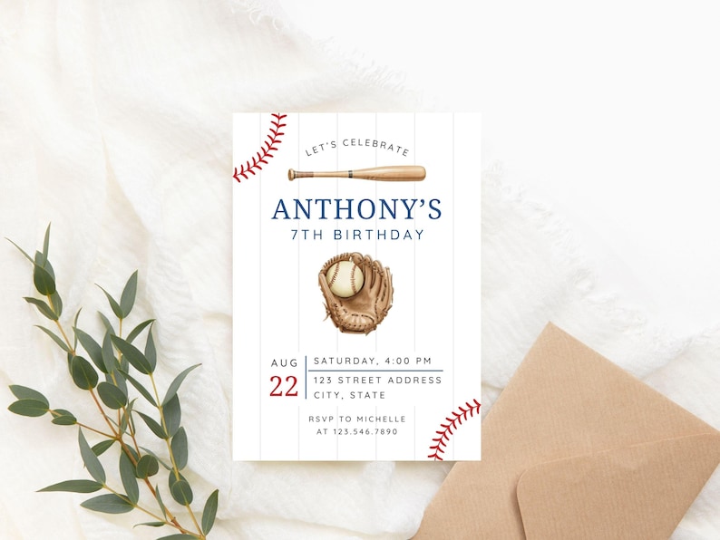 May include: Baseball-themed birthday invitation with the text "Anthony's 7th Birthday." The design includes a baseball bat, glove, and ball illustration, along with the date, time, address, and RSVP information. The invitation is on a white background with red baseball stitching accents.