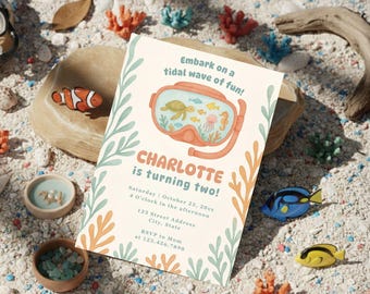 Under The Sea Birthday Invitation Ocean Theme Scuba Mask Sea Turtle Birthday Party Invite Editable Printable Digital Download Template