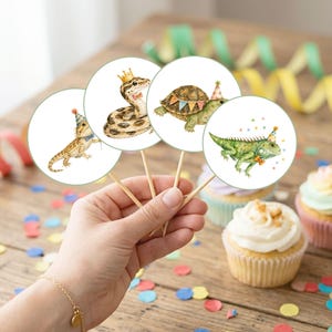 May include: Four circular cupcake toppers on wooden picks featuring watercolor illustrations of a bearded dragon, a snake, a turtle, and an iguana, each wearing a colorful party hat and accessories against a plain white background.