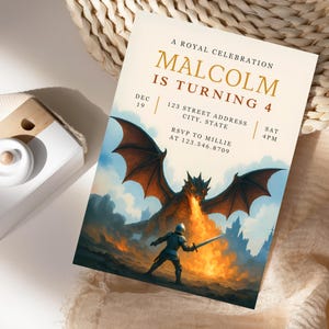 Knight and Dragon Birthday Invitation: Medieval Castle Party (Digital Download, 5x7&quot; Editable Template)