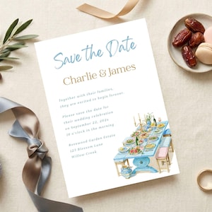 May include: A wedding invitation with the text "Save the Date" and the names "Charlie & James." The invitation features a watercolor illustration of a table setting and is surrounded by decorative elements like ribbons, olives, and dates.