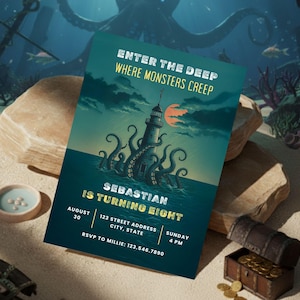 Spooky Sea Creature Birthday Invitation Template Sea Monster Birthday Party Invites Under The Sea Monster Birthday Bash Party Invitation