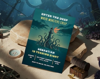 Kraken Birthday Invitation Sea Monster Lighthouse Ocean Adventure Nautical Deep Sea Watercolor Maritime Theme Kraken Sea Monster Party
