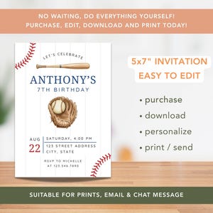 May include: Baseball-themed birthday invitation with a bat, glove, and ball illustration. The invitation is 5x7 inches and features the text "Anthony's 7th Birthday." Includes details for the party date, time, and RSVP information. The invitation is easy to edit and suitable for prints.