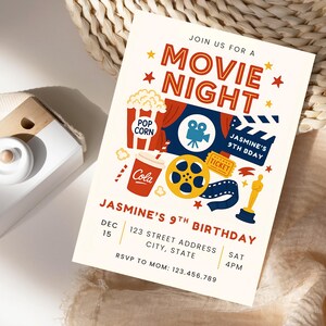 Uitnodiging voor verjaardagsfeestje film | Afdrukbare filmthema verjaardagsuitnodiging | Digitale uitnodiging kinderfilmfeestje | Filmverjaardagsviering