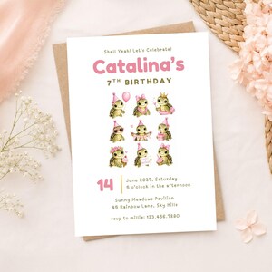 May include: A white rectangular birthday invitation card featuring the text Shell Yeah! Let's Celebrate! Catalina's 7th Birthday. The design includes nine illustrations of small green turtles in party attire, date details, and location information.