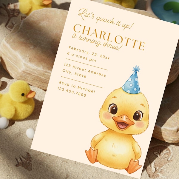 Minimalist Quack Duck Birthday Invitation Template Duckling Birthday Party Invite Watercolor Duck Duckling Pool Party Birthday Invitation