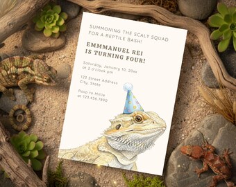 Reptil Geburtstagseinladung Bearded Dragon Party laden Aquarell Eidechse Geburtstagskarte Scaly Squad Reptil Thema Digital Birthday Invite ein