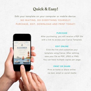 May include: A smartphone displays a nautical-themed invitation design with boats, a lighthouse, and the text "ALEXANDER." The image includes instructions: purchase, edit online, and print or share. The background is a light beige.