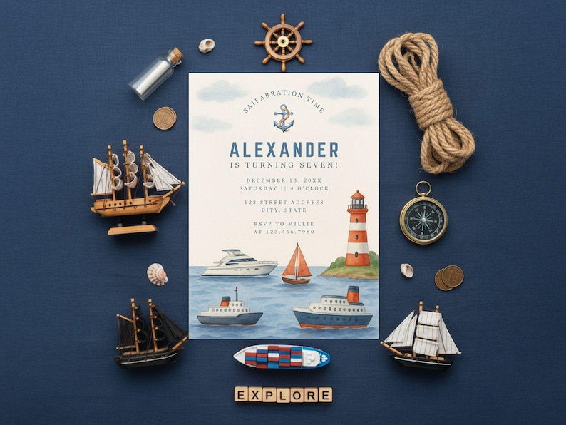 May include: A nautical-themed birthday invitation with the text "Alexander is turning seven!" surrounded by miniature ships, a compass, a lighthouse, and a ship's wheel. The invitation is on a navy blue background.