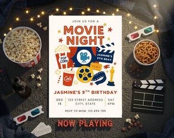 Verjaardagskaart voor een filmavond: retro bioscoop, popcorn, filmrol, bioscoopkaartje, thema bioscoopfeest, verjaardagskaart voor een filmavond.