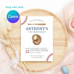 May include: Baseball-themed birthday invitation with the text "Anthony's 7th Birthday." The invitation features a baseball bat, glove, and ball illustration. The date is August 22nd, with the time and address details below. The invitation is on a wooden tray.