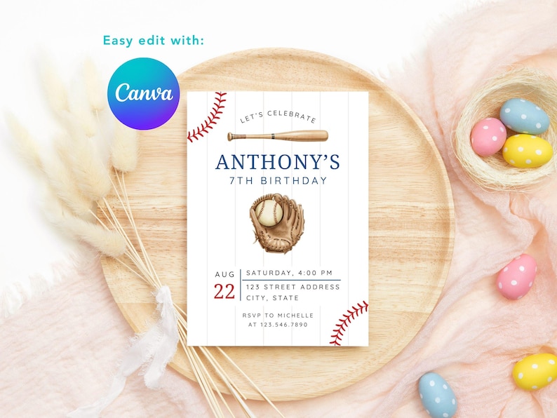 May include: Baseball-themed birthday invitation with the text "Anthony's 7th Birthday." The invitation features a baseball bat, glove, and ball illustration. The date is August 22nd, with the time and address details below. The invitation is on a wooden tray.