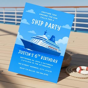 Invitación de cumpleaños con temática de crucero, invitación a fiesta náutica, invitación a celebración de cumpleaños con temática de transatlántico, invitación con temática de viajes en alta mar.