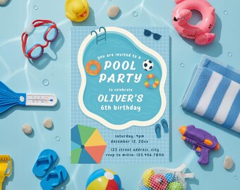 Pool Party Birthday Invitation Kids Swim Party Invite Blue Poolside Summer Birthday Template Printable Card