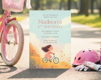 Girl Bicycle Birthday Invitation Watercolor Floral Birthday Party Invite Whimsical Outdoor Garden Kids Celebration