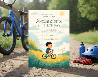 Bicycle Birthday Invitation Boy Birthday Party Invite Kids Cycling Birthday Invitation Outdoor Adventure Birthday Invite Editable Template