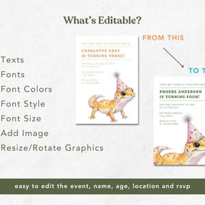 K&ouml;nnte beinhalten: Ein Einladungsdesign mit einer Illustration eines Geckos mit Partyhut. Der Text lautet "CHARLOTTE GREY WIRD DREI!" und "PHOEBE ANDERSON WIRD VIER!" Das Design ist einfach zu bearbeiten.