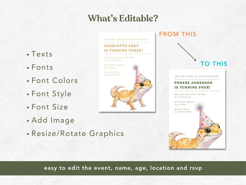 K&ouml;nnte beinhalten: Ein Einladungsdesign mit einer Illustration eines Geckos mit Partyhut. Der Text lautet "CHARLOTTE GREY WIRD DREI!" und "PHOEBE ANDERSON WIRD VIER!" Das Design ist einfach zu bearbeiten.