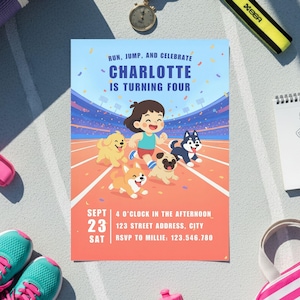 Modèle d'invitation de fête d'anniversaire de course de marathon de fille pour des invitations d'anniversaire de filles Fête de course de marathon pour des invitations de fête d'anniversaire de coureurs