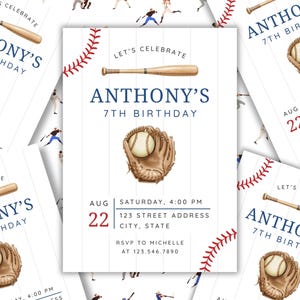 May include: Baseball-themed birthday invitation featuring a baseball bat, glove, and ball illustration. The invitation reads "Anthony's 7th Birthday" with event details. The design includes red stitching and baseball player silhouettes.