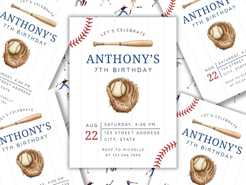 May include: Baseball-themed birthday invitation featuring a baseball bat, glove, and ball illustration. The invitation reads "Anthony's 7th Birthday" with event details. The design includes red stitching and baseball player silhouettes.