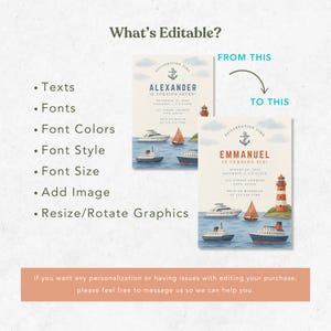 May include: Nautical-themed invitation design featuring a lighthouse, sailboats, and various ships on a blue sea. The invitation includes editable text fields for names, dates, and locations. The text reads "Alexander is turning seven" and "Emmanuel is turning six!"