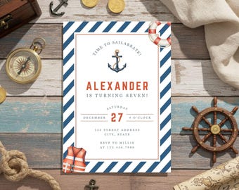 Nautical Birthday Invitation Sailboat Anchor Life Preserver Navy Blue Orange Striped Ocean Sailing Theme Party Invite Boat Birthday Invite