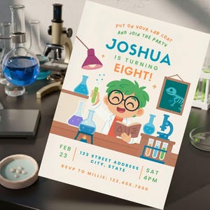 Modelo de convite de aniversário para menino cientista, convite para festa de aniversário de laboratório de ciências, convites para festa de aniversário com tema de experimento de laboratório de ciências malucas