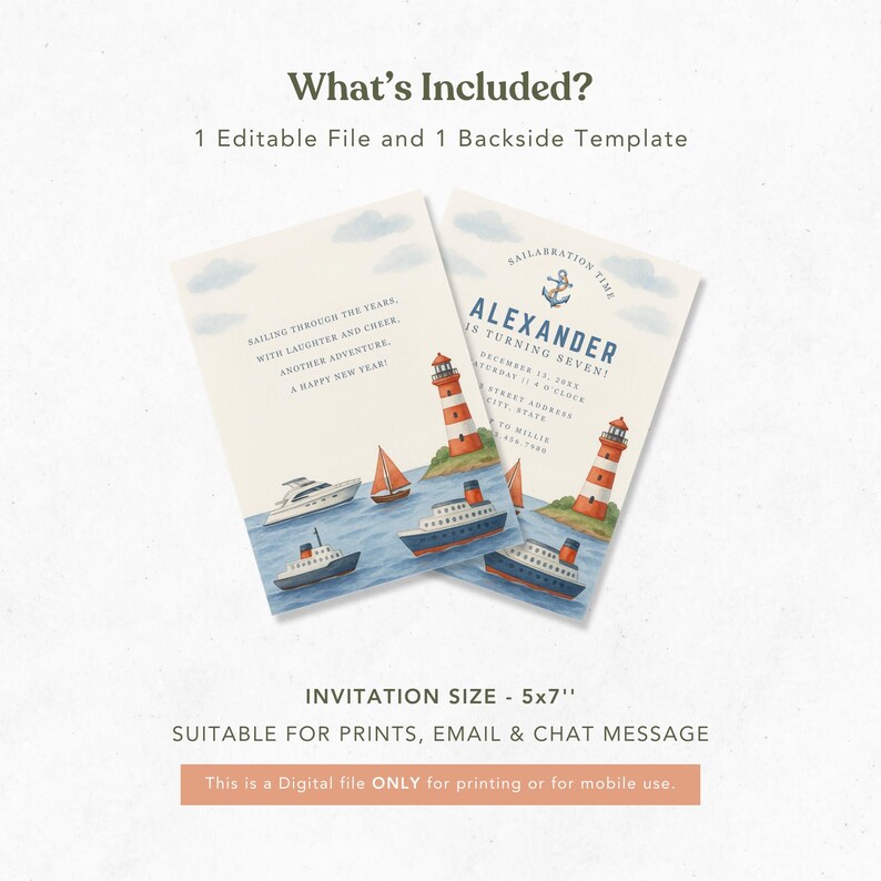 May include: Two nautical-themed invitation cards. One card features a lighthouse, boats, and the text "SAILING THROUGH THE YEARS, WITH LAUGHTER AND CHEER, ANOTHER ADVENTURE, A HAPPY NEW YEAR!". The other card says "ALEXANDER IS TURNING SEVEN!" and includes an anchor graphic. The invitation size is 5x7 inches.