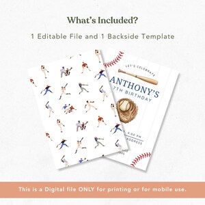 May include: Two baseball-themed digital templates. One features baseball players in action, the other a baseball bat, glove, and ball with the text "ANTHONY'S 7TH BIRTHDAY". The text "What's Included?" and "This is a Digital file ONLY" are also visible.