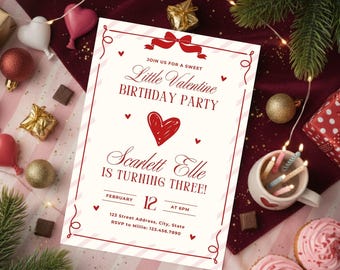 Valentine Birthday Invitation Sweetheart Party Invite Red Heart Bow Coquette Candy Stripe Kids Birthday Celebration Card