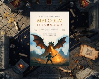 Dragon Birthday Invitation Fantasy Knight Party Invite Medieval Castle Fire Breathing Dragon Adventure Birthday Invite