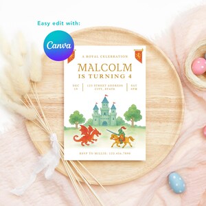 May include: A birthday invitation with a watercolor illustration of a castle, dragon, and knight. The invitation reads "Malcolm is turning 4" and includes event details. The Canva logo is visible.