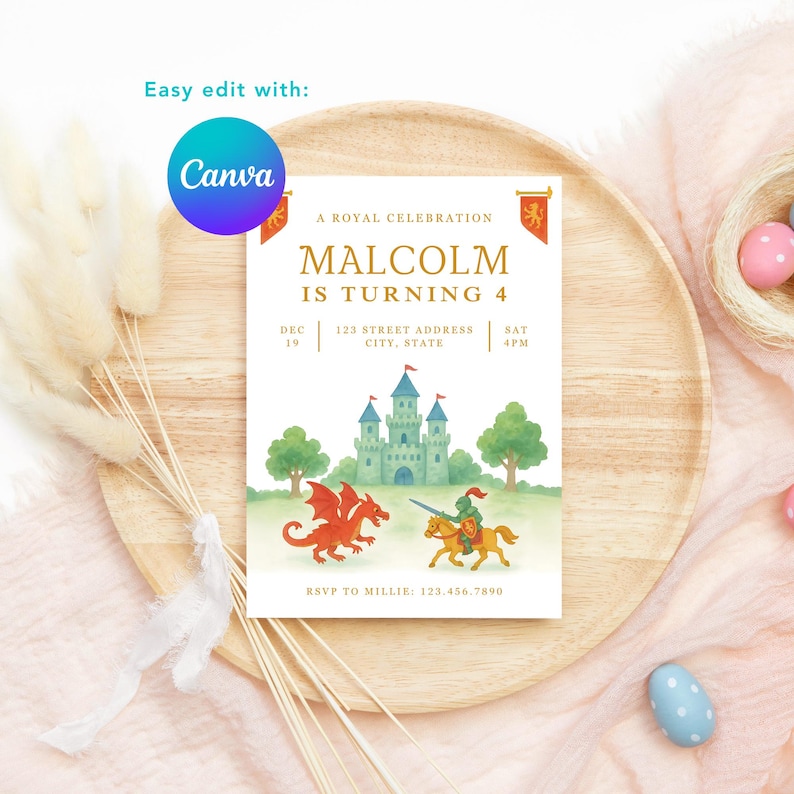 May include: A birthday invitation with a watercolor illustration of a castle, dragon, and knight. The invitation reads "Malcolm is turning 4" and includes event details. The Canva logo is visible.