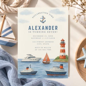 Sailboat Birthday Invitation with Watercolor Lighthouse for a Nautical Theme Boat Birthday Party