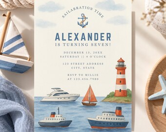 Geburtstagseinladung mit Segelbootmotiv und Aquarell-Leuchtturm für eine Geburtstagsfeier im maritimen Stil