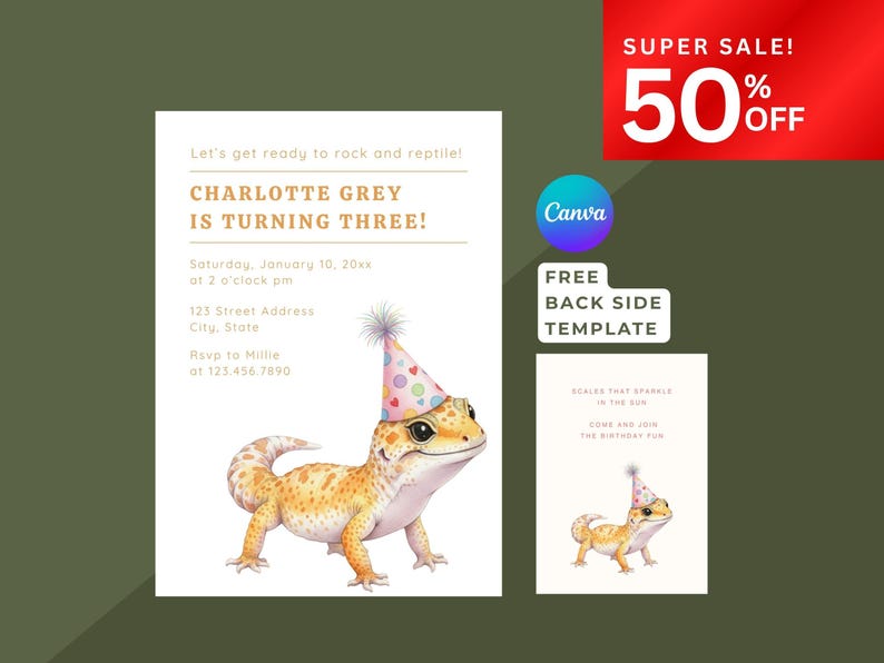 K&ouml;nnte beinhalten: Geburtstagseinladung mit einem Aquarell-Gecko, der einen Partyhut tr&auml;gt. Die Einladung enth&auml;lt den Text "CHARLOTTE GREY WIRD DREI!" und Veranstaltungsdetails. Eine kleinere Karte mit einer passenden Gecko-Illustration ist ebenfalls abgebildet.