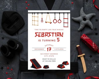 Einladung zum Geburtstag eines roten Ninja-Kriegers – Hindernisparcours-Trainingsstudio – Rot-Schwarze Ninja-Party – Abenteuer-Einladung – Ninja-Party-Geburtstagseinladung