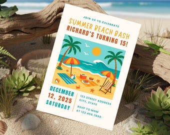 Summer Beach Birthday Invitation Tropical Beach Party Invite Editable Printable Digital Download Coastal Celebration Template