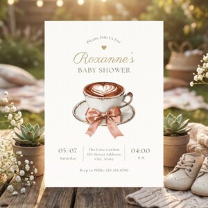 May include: Baby shower invitation featuring a watercolor illustration of a coffee cup with a heart-shaped design in the foam, a pink bow, and the text "Roxanne's BABY SHOWER". The invitation includes date, time, and location details.