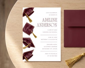 Burgundy Graduation Party Invitation Elegant College Graduate Celebration Invite Modern Minimalist Graduation Dinner Card