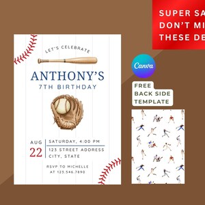 May include: Baseball-themed birthday invitation with the text "Anthony's 7th Birthday." The design includes a baseball bat, glove, and ball. The invitation also includes the date, time, address, and RSVP information.