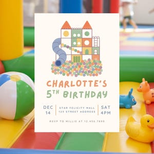 Binnenspeeltuin Verjaardagsuitnodiging Soft Play Feestuitnodiging Ballenbak Verjaardagsviering Pastel kinderfeestje uitnodiging: